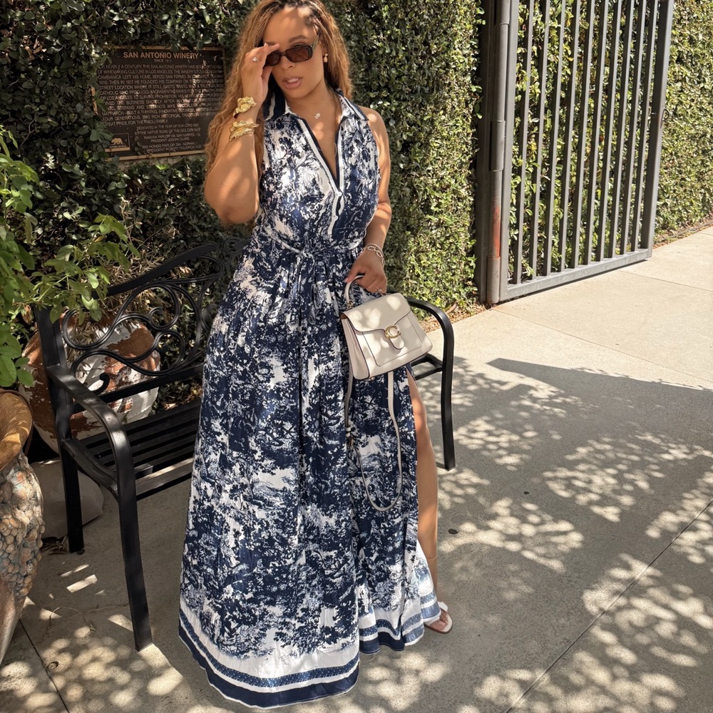 Blue and White Maxi Dress with Side Slit